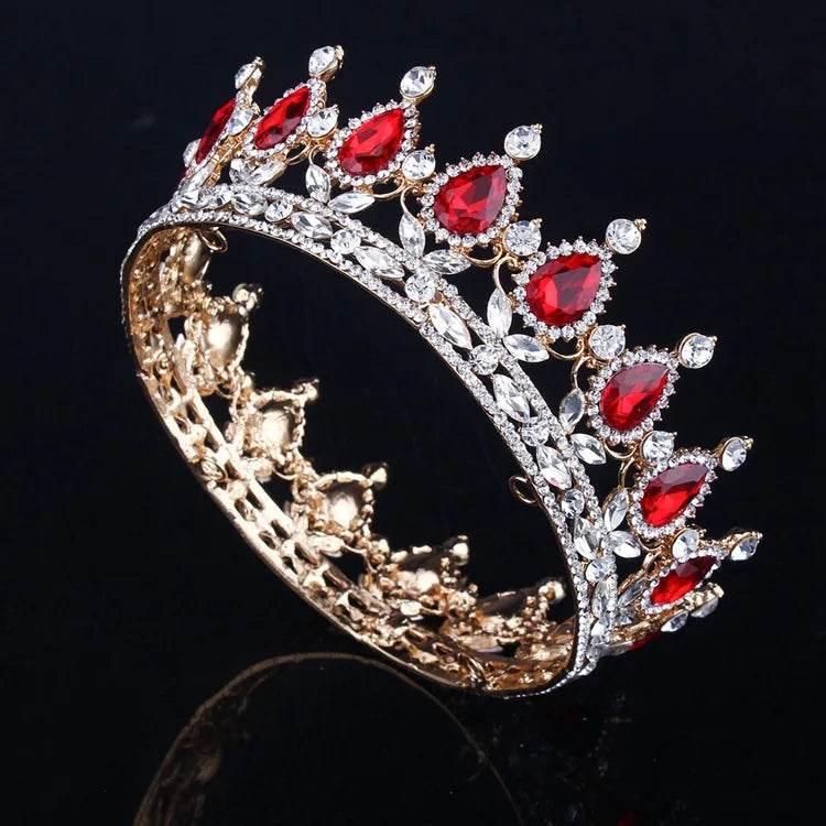 Luxury Retro Gold Color Pink Crystal Round Bridal Crown Classic Baroque Rhinestone Diadem Tiaras Women Wedding Hair Accessories Tiaras by DSERS