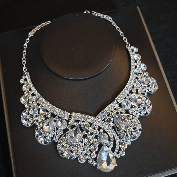 Luxury Big Rhinestone Bridal Jewelry Sets Silver Plated Crystal Crown Tiaras Choker Necklace Earrings Sets Wedding Accessories GiFTiFY