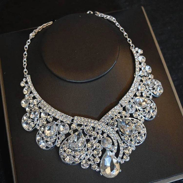 Luxury Big Rhinestone Bridal Jewelry Sets Silver Plated Crystal Crown Tiaras Choker Necklace Earrings Sets Wedding Accessories - GiFTiFY