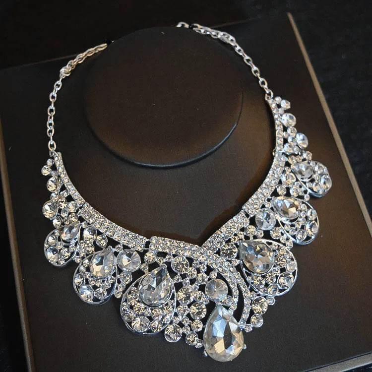 Luxury Big Rhinestone Bridal Jewelry Sets Silver Plated Crystal Crown Tiaras Choker Necklace Earrings Sets Wedding Accessories Tiaras by DSERS