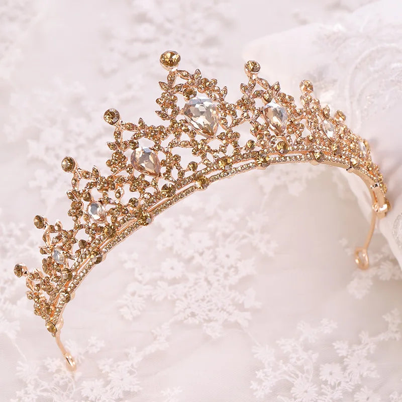 Baroque Gold Color Champagne Crystal Heart Bridal Tiara Crown Rhinestone Pageant Diadem Veil Tiara Headband Wedding Hair Jewelry GiFTiFY