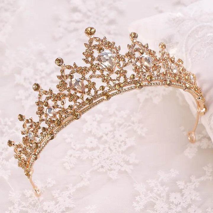 Baroque Gold Color Champagne Crystal Heart Bridal Tiara Crown Rhinestone Pageant Diadem Veil Tiara Headband Wedding Hair Jewelry - GiFTiFY