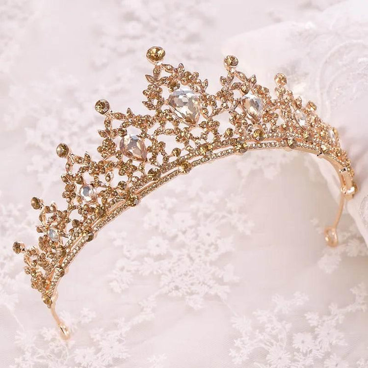 Baroque Gold Color Champagne Crystal Heart Bridal Tiara Crown Rhinestone Pageant Diadem Veil Tiara Headband Wedding Hair Jewelry - GiFTiFY