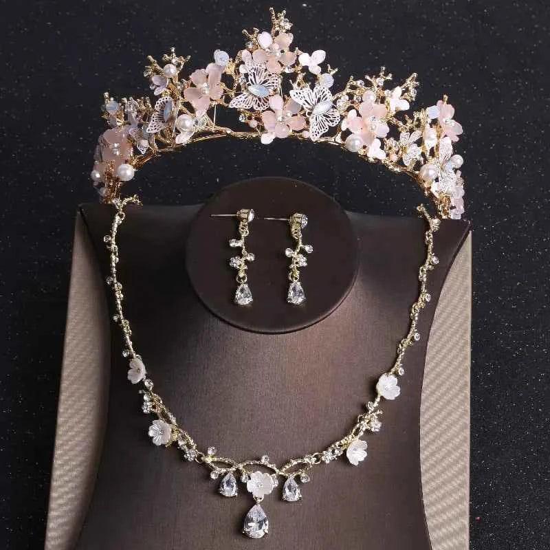 Baroque Gold Color Butterfly Crystal Costume Jewelry Sets Rhinestone Choker Necklace Earrings Tiaras Crown Wedding Jewelry Set by George Black