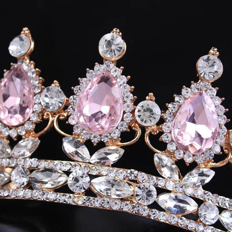 Luxury Retro Gold Color Pink Crystal Round Bridal Crown Classic Baroque Rhinestone Diadem Tiaras Women Wedding Hair Accessories Tiaras by DSERS