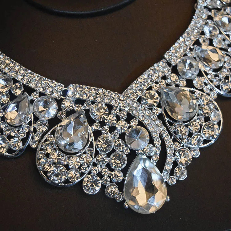 Luxury Big Rhinestone Bridal Jewelry Sets Silver Plated Crystal Crown Tiaras Choker Necklace Earrings Sets Wedding Accessories GiFTiFY
