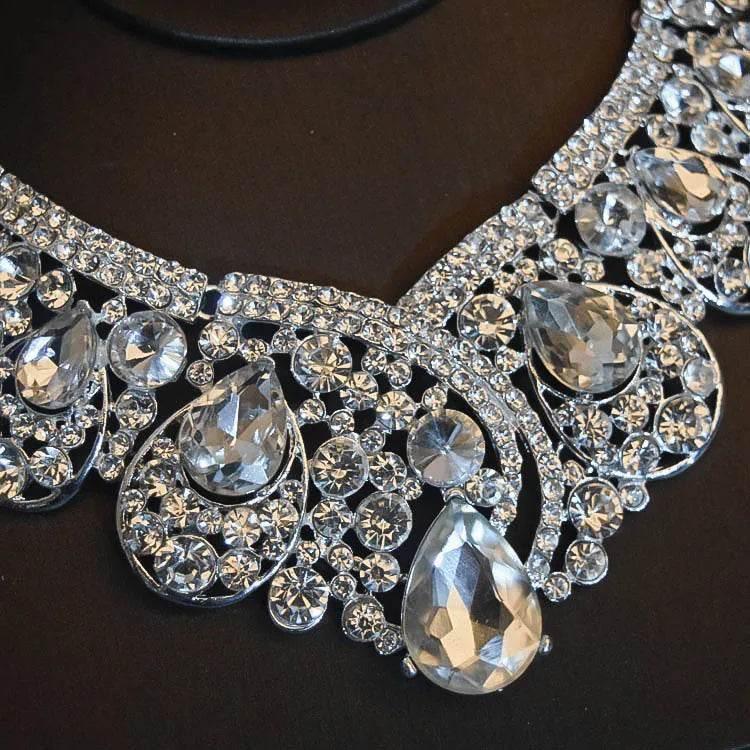 Luxury Big Rhinestone Bridal Jewelry Sets Silver Plated Crystal Crown Tiaras Choker Necklace Earrings Sets Wedding Accessories - GiFTiFY