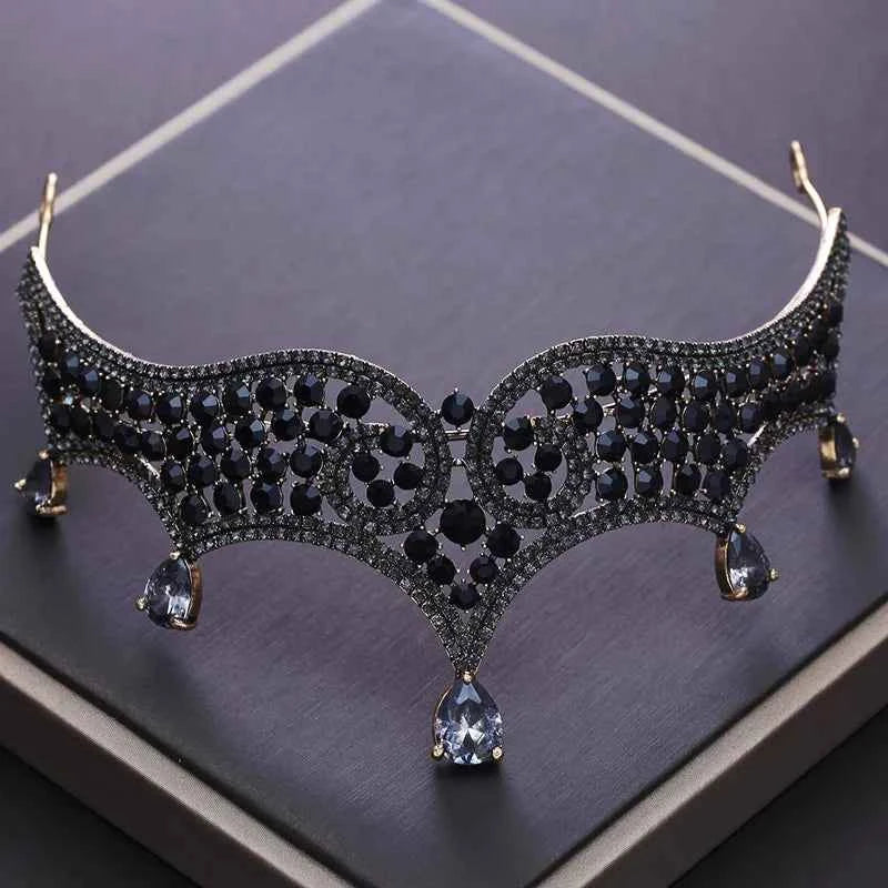 Vintage Black Crystal Beads Bridal Tiaras Crown Rhinestone Diadem Pageant Baroque Crowns Bride Hairband Wedding Hair Accessories