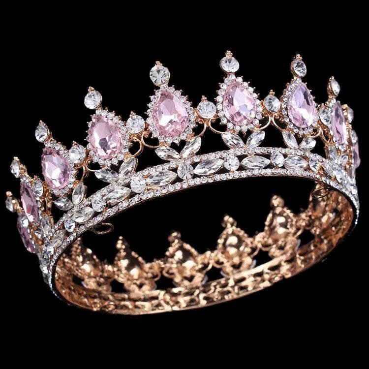 Luxury Retro Gold Color Pink Crystal Round Bridal Crown Classic Baroque Rhinestone Diadem Tiaras Women Wedding Hair Accessories Tiaras by DSERS