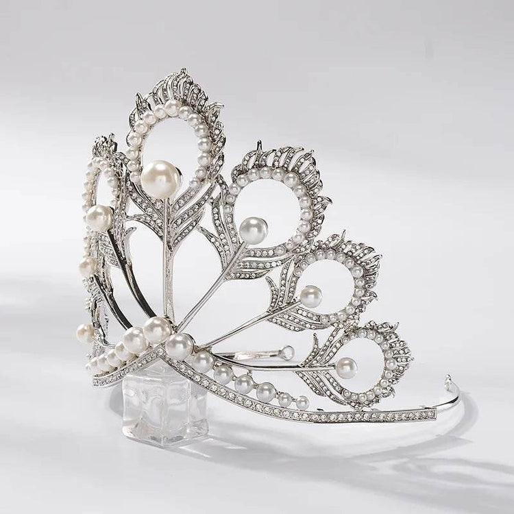 Luxury Miss Universe Crown Round Wedding Crystal Pearl Crowns Peacock Feather Tiaras Rhinestone Pageant Diadem CZ Coroa Novia - GiFTiFY