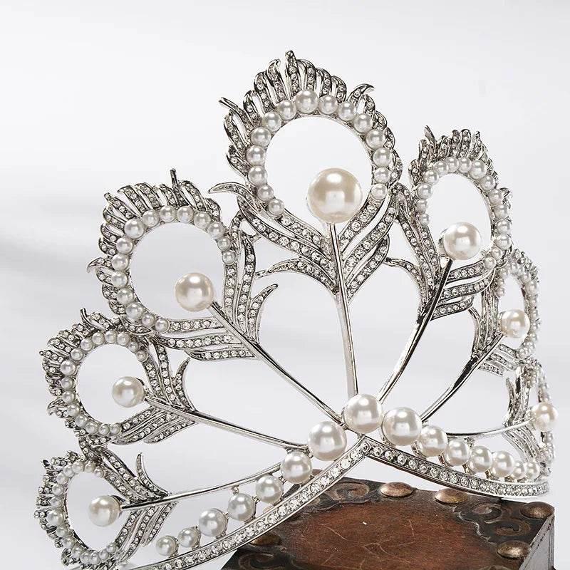 Luxury Miss Universe Crown Round Wedding Crystal Pearl Crowns Peacock Feather Tiaras Rhinestone Pageant Diadem CZ Coroa Novia - GiFTiFY