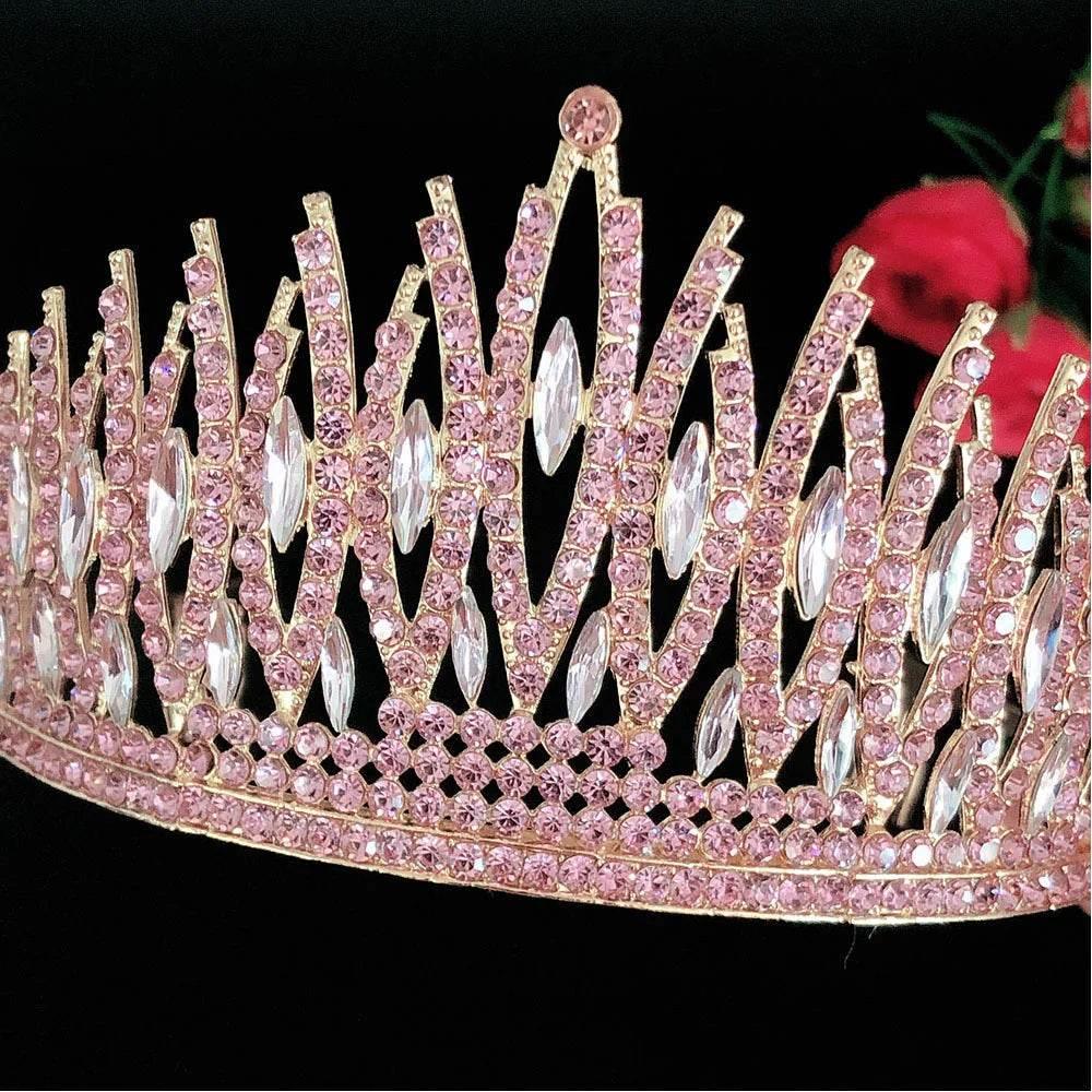 Baroque Sparkling Pink Crystal Bridal Tiaras Gold Color Rhinestone Pageant Crowns With Combs Headbands Wedding Hair Accessories - GiFTiFY