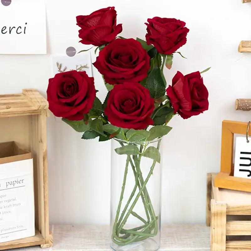 Red Roses in Vase Beautiful Silk Artificial Rose Flowers
