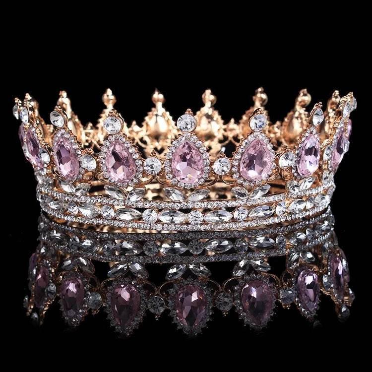 Luxury Retro Gold Color Pink Crystal Round Bridal Crown Classic Baroque Rhinestone Diadem Tiaras Women Wedding Hair Accessories Tiaras by DSERS