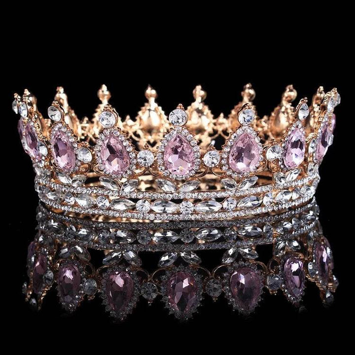 Luxury Retro Gold Color Pink Crystal Round Bridal Crown Classic Baroque Rhinestone Diadem Tiaras Women Wedding Hair Accessories - GiFTiFY