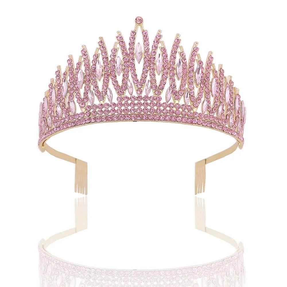 Baroque Sparkling Pink Crystal Bridal Tiaras Gold Color Rhinestone Pageant Crowns With Combs Headbands Wedding Hair Accessories - GiFTiFY