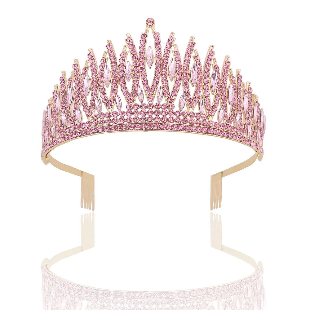 Baroque Sparkling Pink Crystal Bridal Tiaras Gold Color Rhinestone Pageant Crowns With Combs Headbands Wedding Hair Accessories DSERS