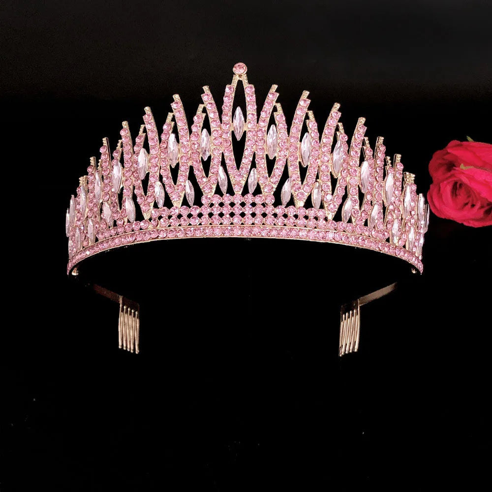Baroque Sparkling Pink Crystal Bridal Tiaras Gold Color Rhinestone Pageant Crowns With Combs Headbands Wedding Hair Accessories DSERS