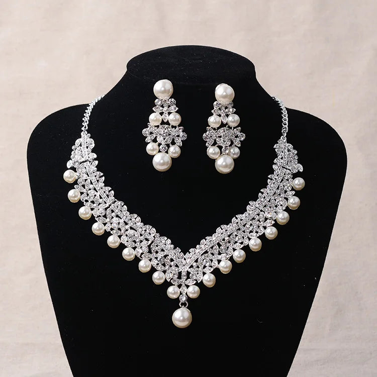 Magnificent Pearl Wedding Bridal Jewelry Sets Women Bride Wedding Party Jewelry Accessories Crystal Tiara Crown Earring Necklace GiFTiFY
