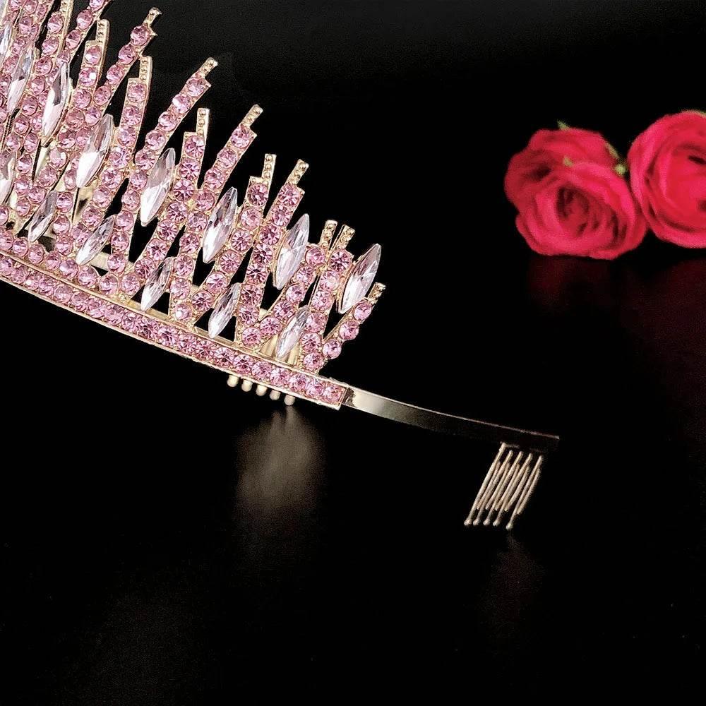 Baroque Sparkling Pink Crystal Bridal Tiaras Gold Color Rhinestone Pageant Crowns With Combs Headbands Wedding Hair Accessories - GiFTiFY