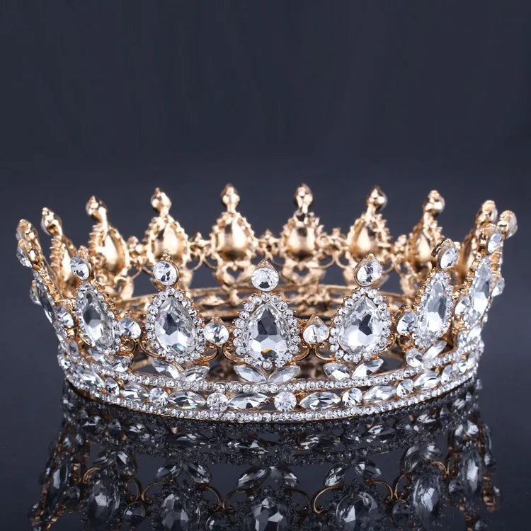 Luxury Retro Gold Color Pink Crystal Round Bridal Crown Classic Baroque Rhinestone Diadem Tiaras Women Wedding Hair Accessories GiFTiFY