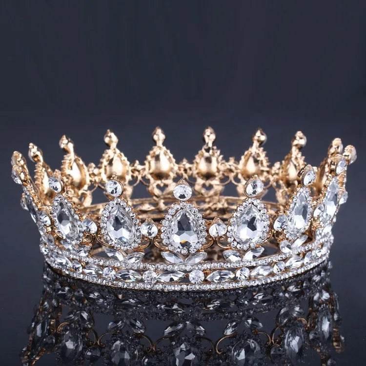 Luxury Retro Gold Color Pink Crystal Round Bridal Crown Classic Baroque Rhinestone Diadem Tiaras Women Wedding Hair Accessories Tiaras by DSERS
