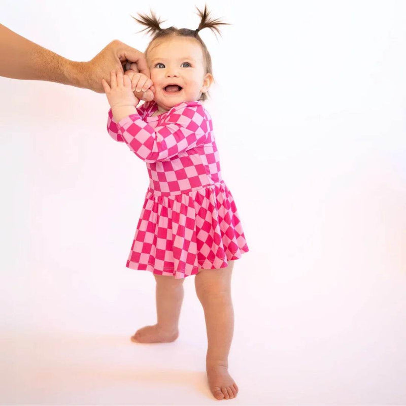 Ruffle Dress Long Sleeve Pink Checker by Khlobe