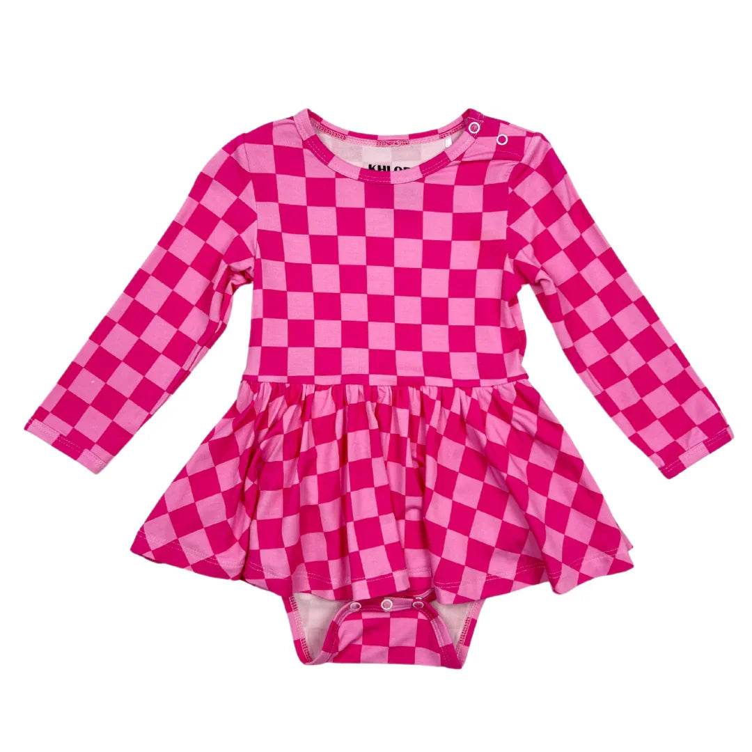 Ruffle Dress Long Sleeve Pink Checker by Khlobe