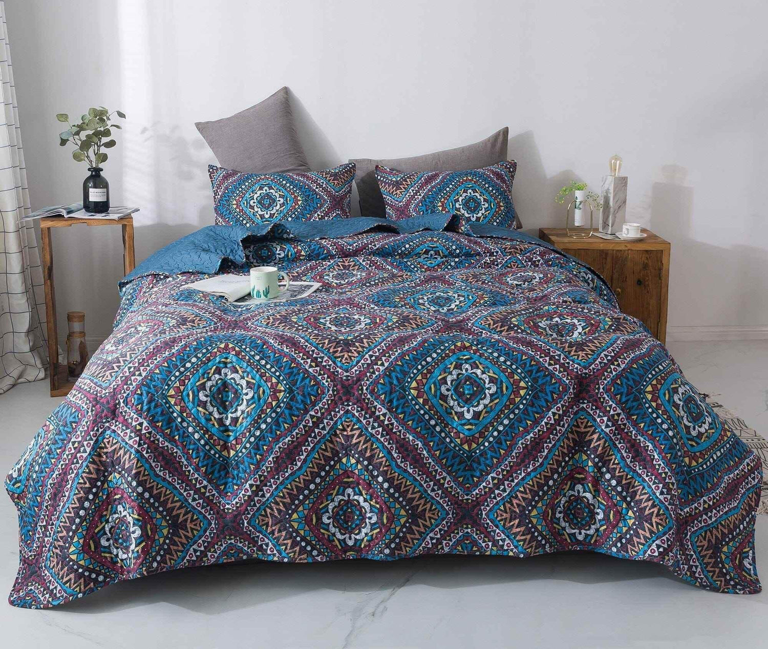 DaDa Bedding Farmhouse Bohemian Native Rustic Navy Blue Geometric Diamond Shapes Bedspread Set (KSX-001) - GiFTiFY