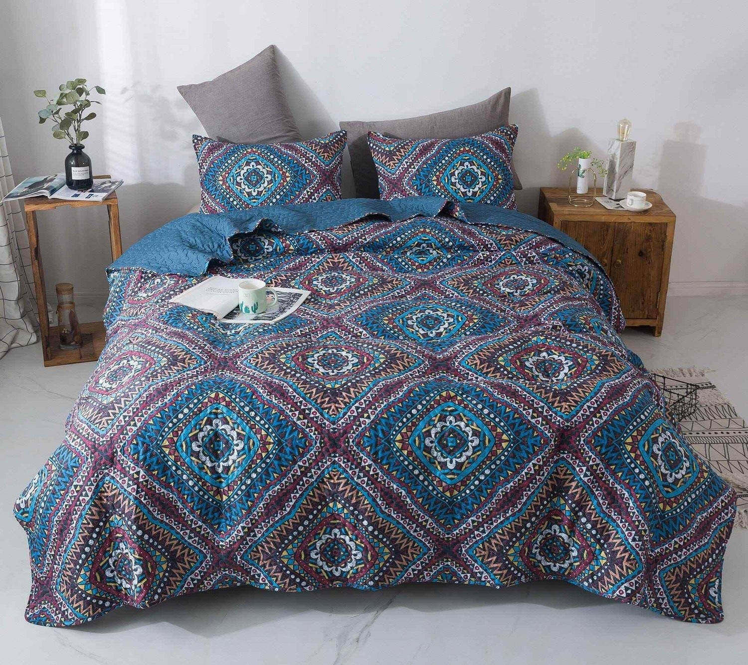 DaDa Bedding Farmhouse Bohemian Native Rustic Navy Blue Geometric Diamond Shapes Bedspread Set (KSX-001) - GiFTiFY
