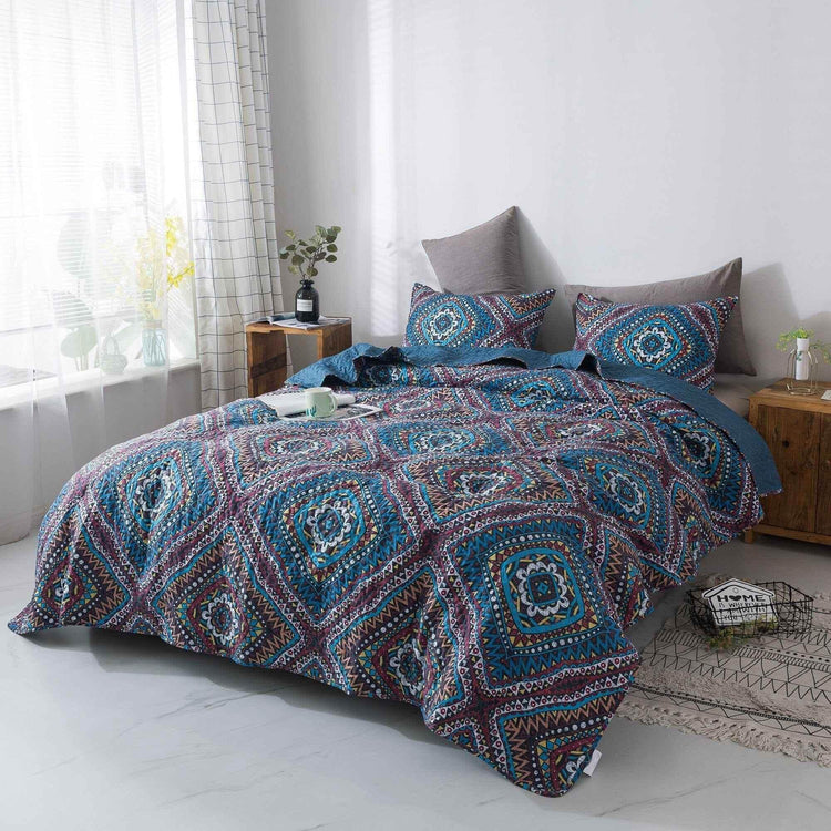 DaDa Bedding Farmhouse Bohemian Native Rustic Navy Blue Geometric Diamond Shapes Bedspread Set (KSX-001) - GiFTiFY