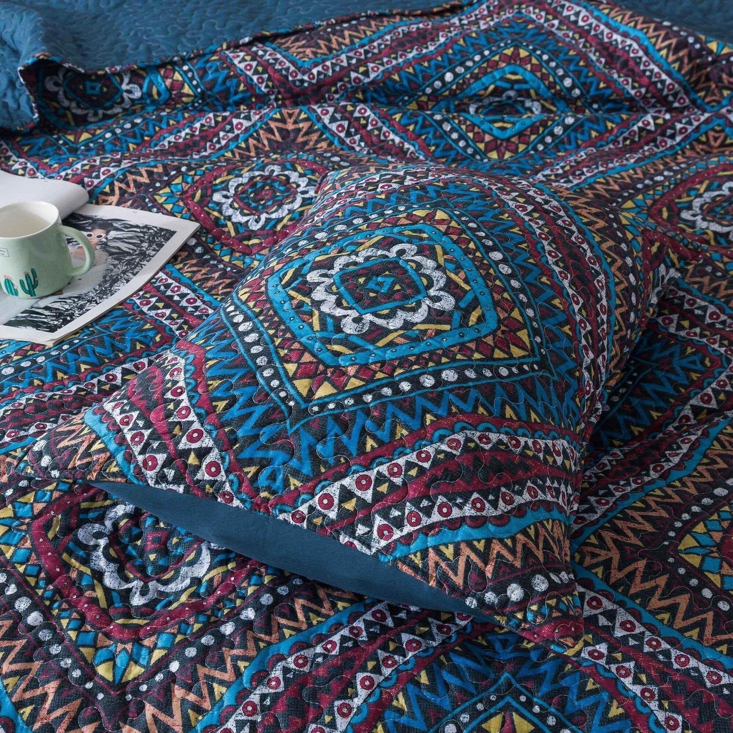 DaDa Bedding Farmhouse Bohemian Native Rustic Navy Blue Geometric Diamond Shapes Bedspread Set (KSX-001) - GiFTiFY