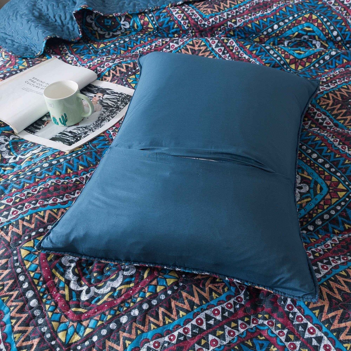DaDa Bedding Farmhouse Bohemian Native Rustic Navy Blue Geometric Diamond Shapes Bedspread Set (KSX-001)