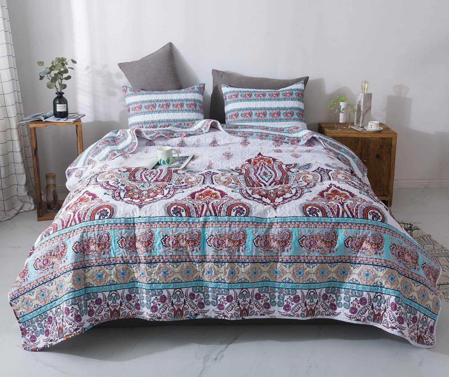 DaDa Bedding Bohemian Summertime White Blue Floral Paisley Bedspread Set (KSX-003) - GiFTiFY