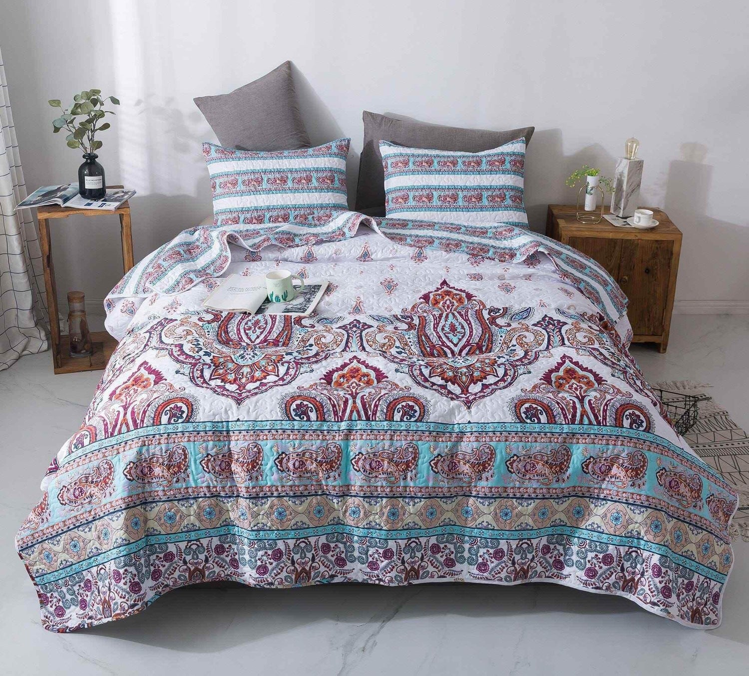DaDa Bedding Bohemian Summertime White Blue Floral Paisley Bedspread Set (KSX-003) - GiFTiFY