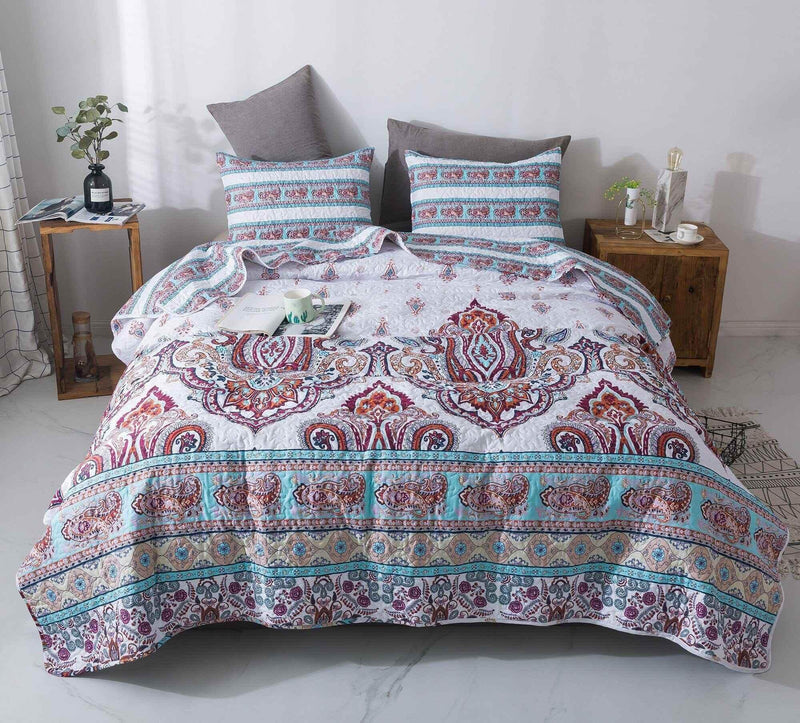 DaDa Bedding Bohemian Summertime White Blue Floral Paisley Bedspread Set (KSX-003) Bedspreads by DaDalogy Bedding Collection