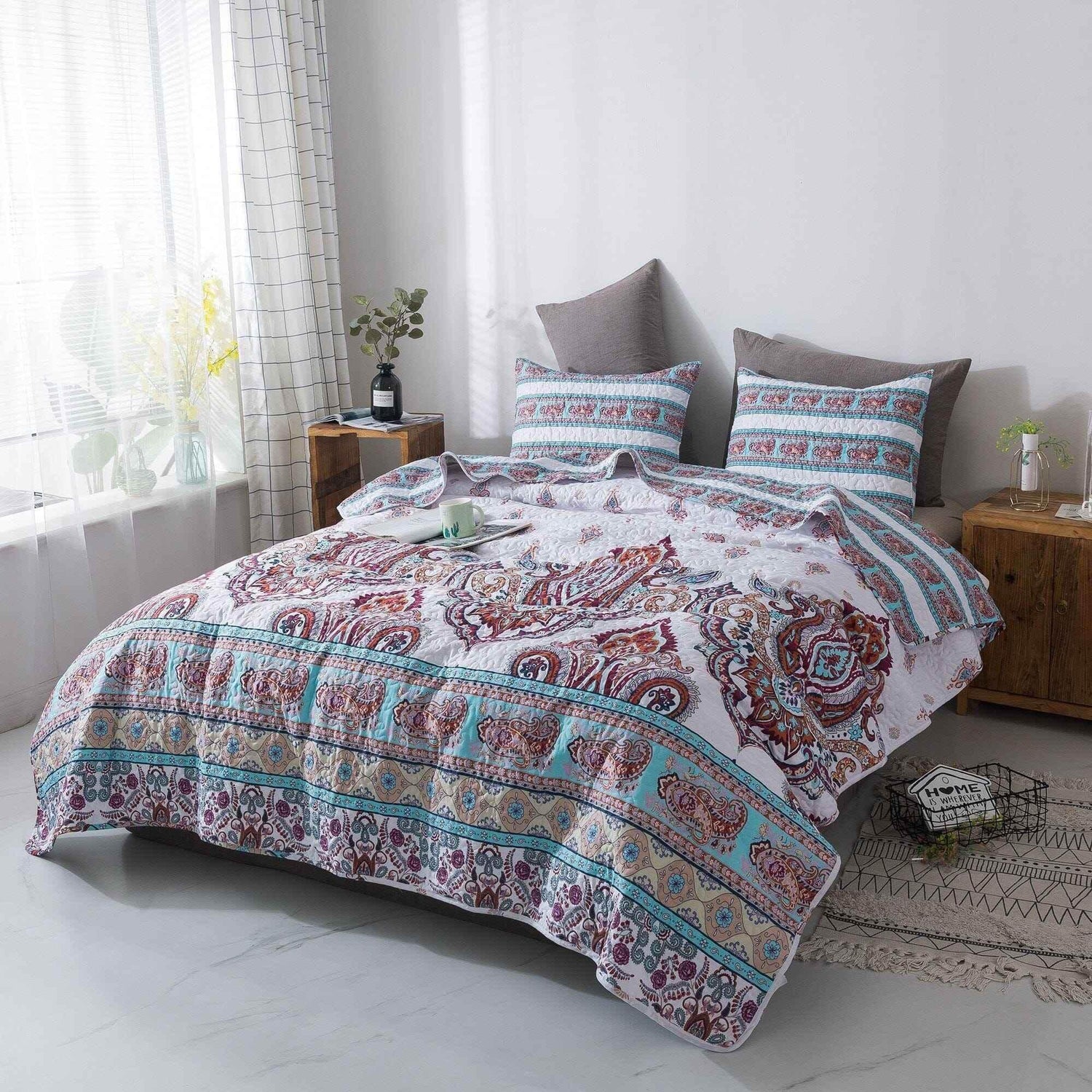 DaDa Bedding Bohemian Summertime White Blue Floral Paisley Bedspread Set (KSX-003) - GiFTiFY
