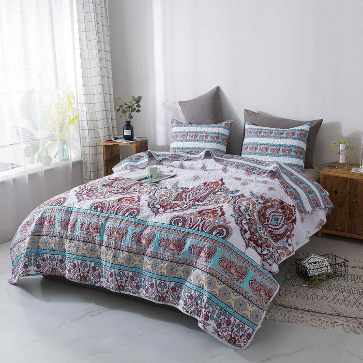 DaDa Bedding Bohemian Summertime White Blue Floral Paisley Bedspread Set (KSX-003) - GiFTiFY