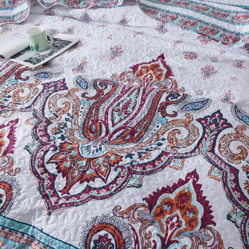 DaDa Bedding Bohemian Summertime White Blue Floral Paisley Bedspread Set (KSX-003) Bedspreads by DaDalogy Bedding Collection