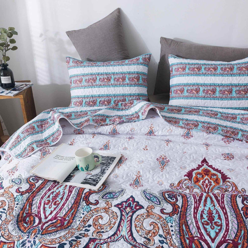 DaDa Bedding Bohemian Summertime White Blue Floral Paisley Bedspread Set (KSX-003) Bedspreads by DaDalogy Bedding Collection