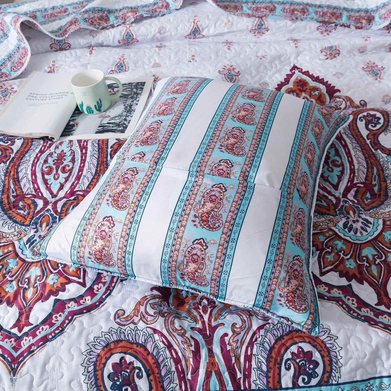 DaDa Bedding Bohemian Summertime White Blue Floral Paisley Bedspread Set (KSX-003) - GiFTiFY