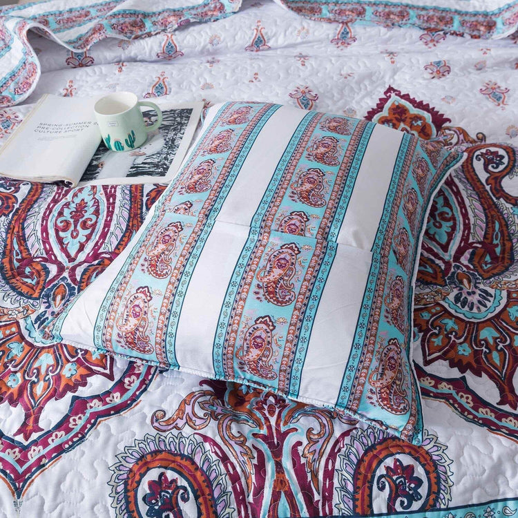 DaDa Bedding Bohemian Summertime White Blue Floral Paisley Bedspread Set (KSX-003) - GiFTiFY