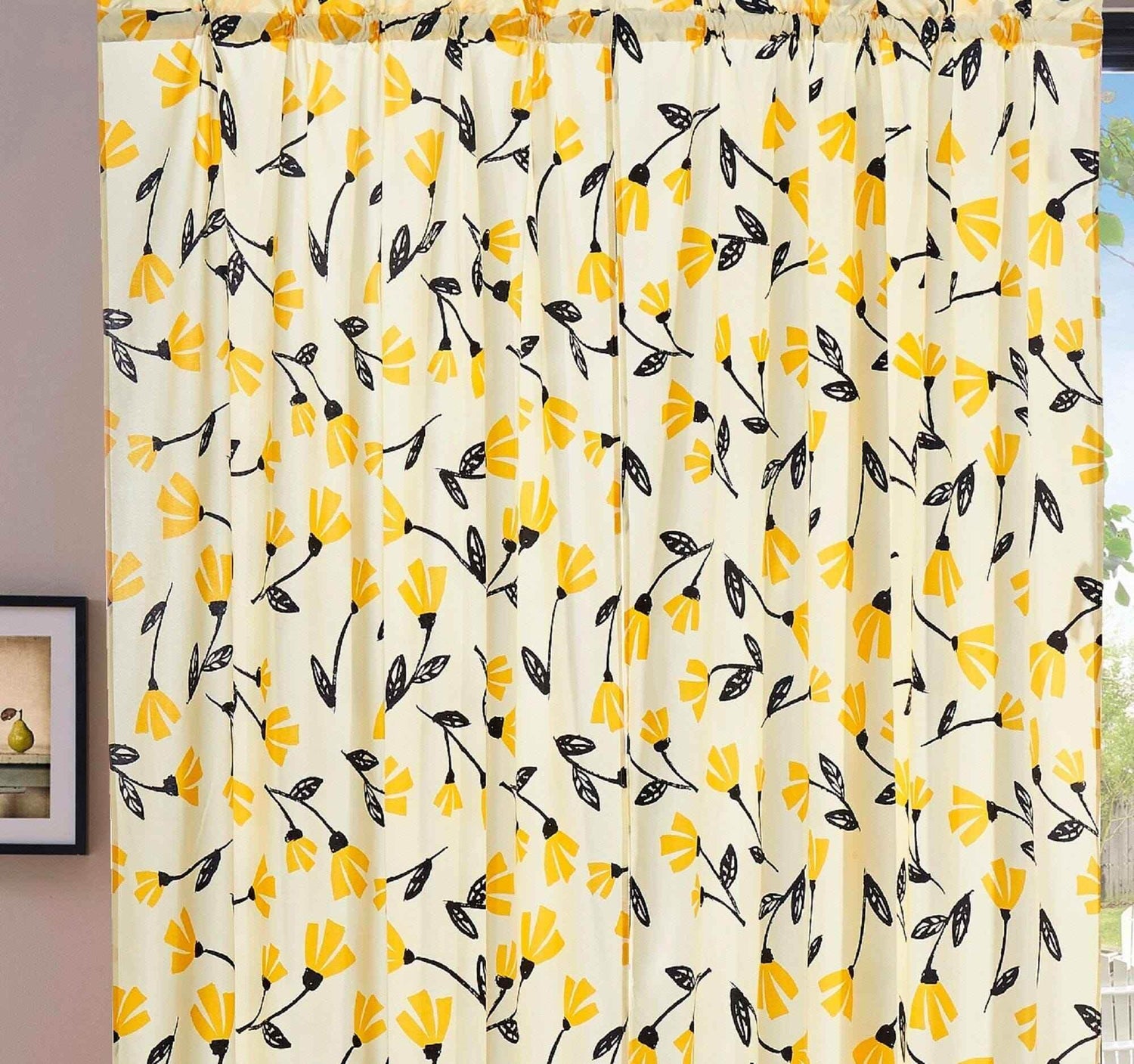 DaDa Bedding Set of 2 Botanical Floral Window Curtain Panels - Natural Semi Sheer Yellow Fleur Golden Orange Spring Time Tulips Straight Tailored Edge - GiFTiFY