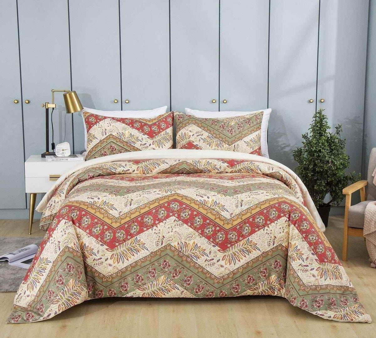 DaDa Bedding Botanical Cranberry Sage Chevron Floral Duvet Cover Set w/ Pillow Cases (JHW-924) Duvet Covers by DaDalogy Bedding Collection