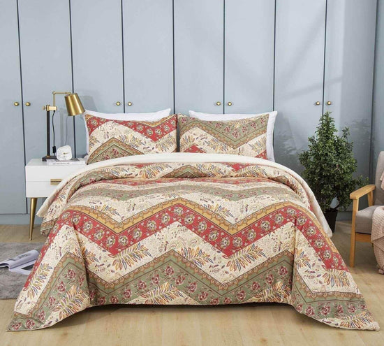 DaDa Bedding Botanical Cranberry Sage Chevron Floral Duvet Cover Set w/ Pillow Cases (JHW-924) - GiFTiFY