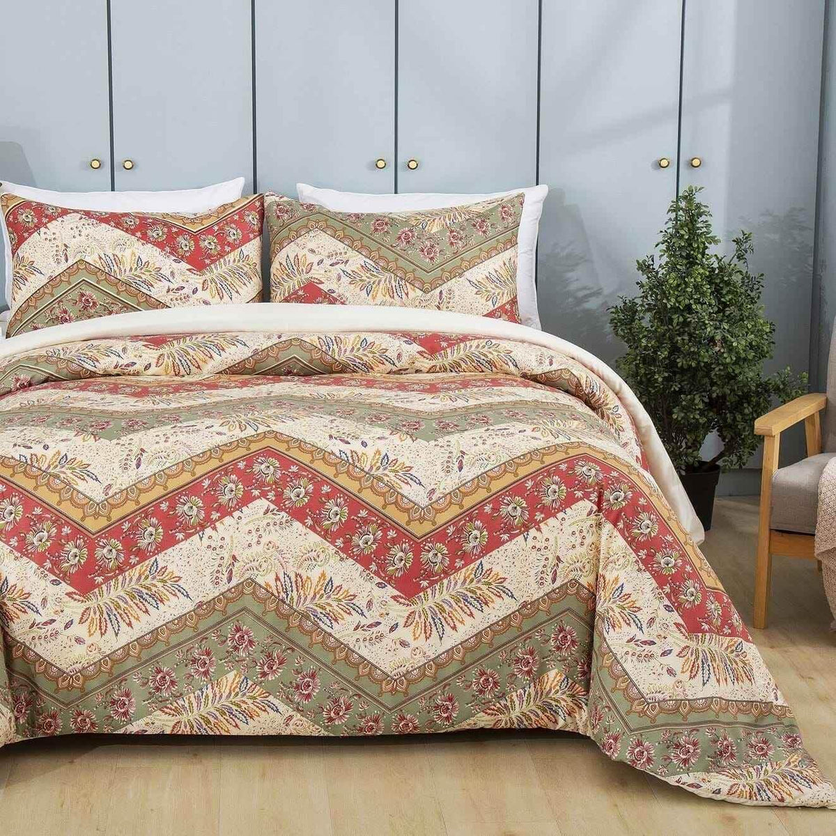 DaDa Bedding Botanical Cranberry Sage Chevron Floral Duvet Cover Set w/ Pillow Cases (JHW-924) Duvet Covers by DaDalogy Bedding Collection