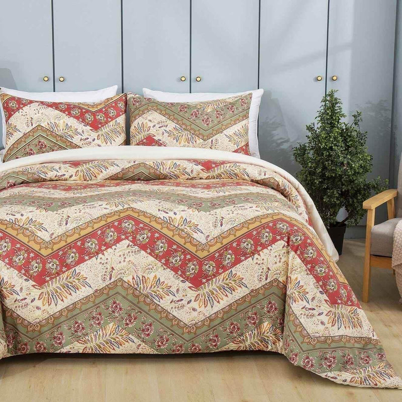 DaDa Bedding Botanical Cranberry Sage Chevron Floral Duvet Cover Set w/ Pillow Cases (JHW-924) Duvet Covers by DaDalogy Bedding Collection