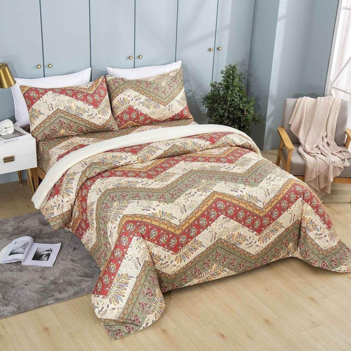 DaDa Bedding Botanical Cranberry Sage Chevron Floral Duvet Cover Set w/ Pillow Cases (JHW-924) Duvet Covers by DaDalogy Bedding Collection