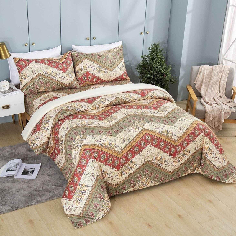 DaDa Bedding Botanical Cranberry Sage Chevron Floral Duvet Cover Set w/ Pillow Cases (JHW-924) Duvet Covers by DaDalogy Bedding Collection