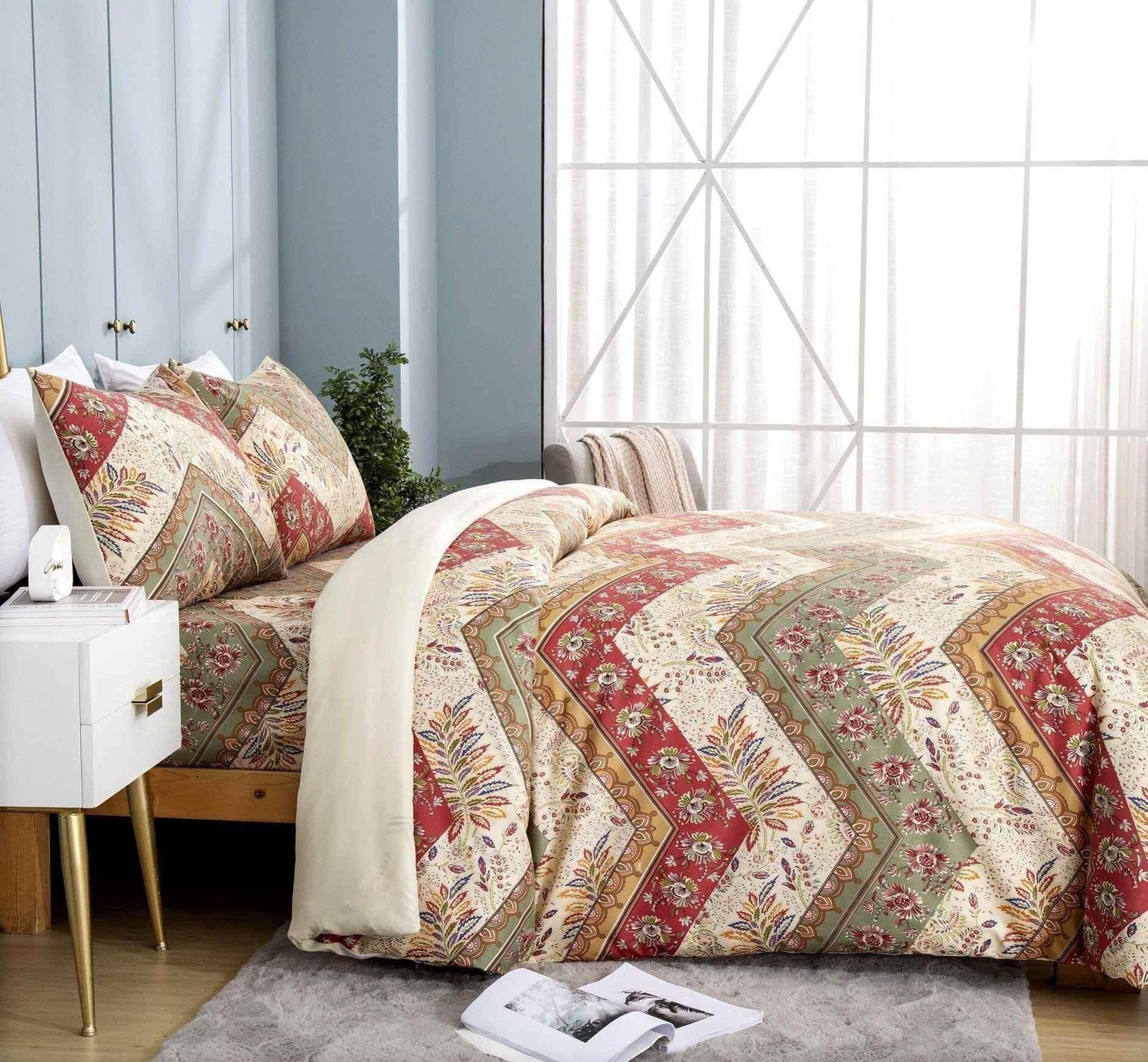 DaDa Bedding Botanical Cranberry Sage Chevron Floral Duvet Cover Set w/ Pillow Cases (JHW-924) - GiFTiFY